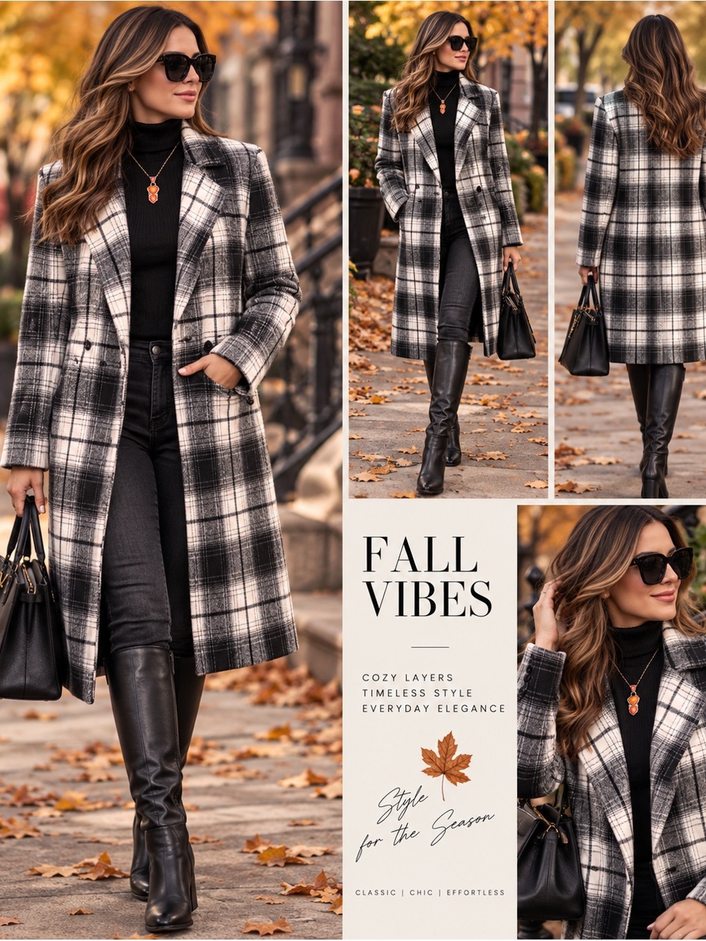 Classic Black & White Plaid Long Coat - Women's Tailored Overcoat